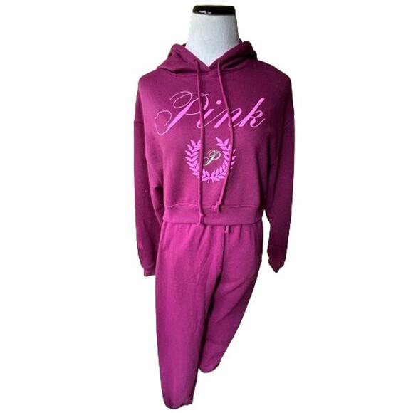 NWT Victoria’s Secret PINK Vivid Magenta Fleece Cropped Hoodie & Jogger. Size XS - Picture 2 of 10
